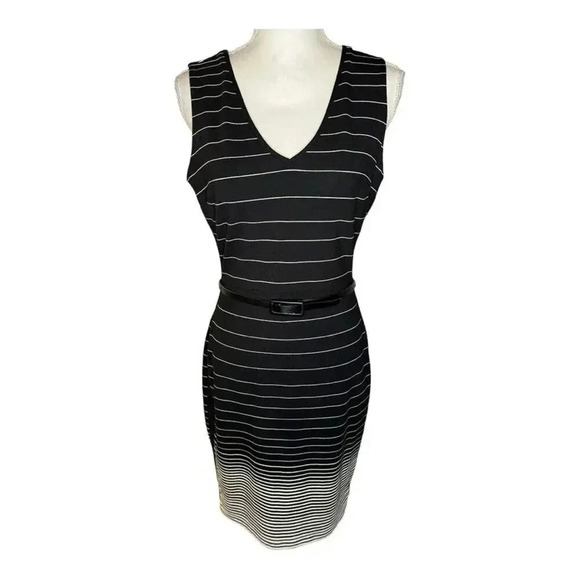 WHBM Women’s Size 6 Black & White Gradient Stripe Belted Sleeveless Sheath Dress - Picture 1 of 6